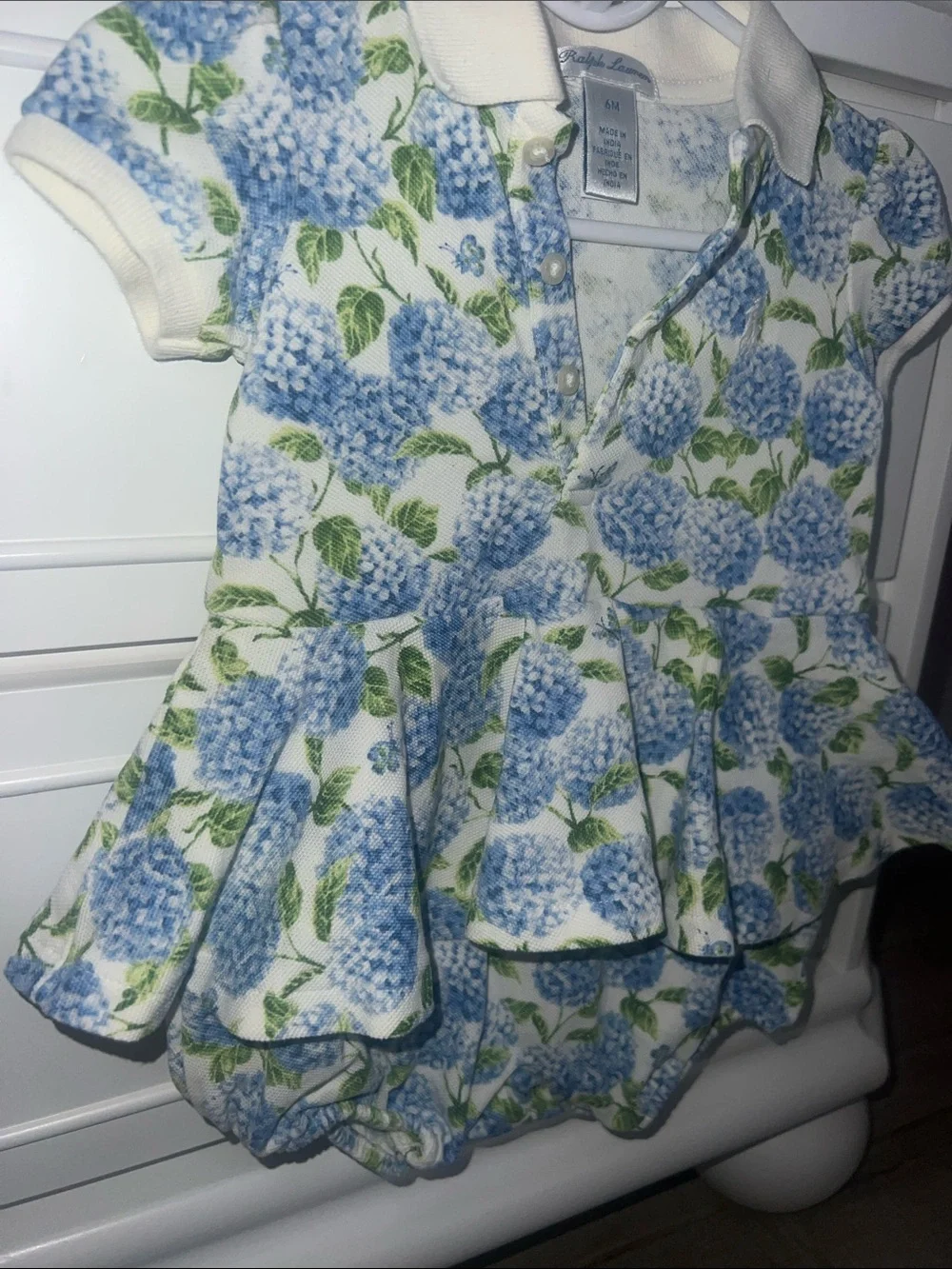 New Ralph Lauren Baby Girls Blue Hydrangea Polo Dress one piece formal 6M new
